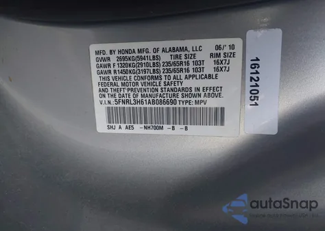 2010 Honda Odyssey Exl from USA, damaged, VIN 5FNRL3H61AB086690